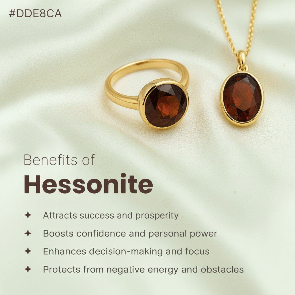 VASTUKOSHA gold ring and pendant set with natural honey-brown Hessonite gemstones on a soft fabric background.