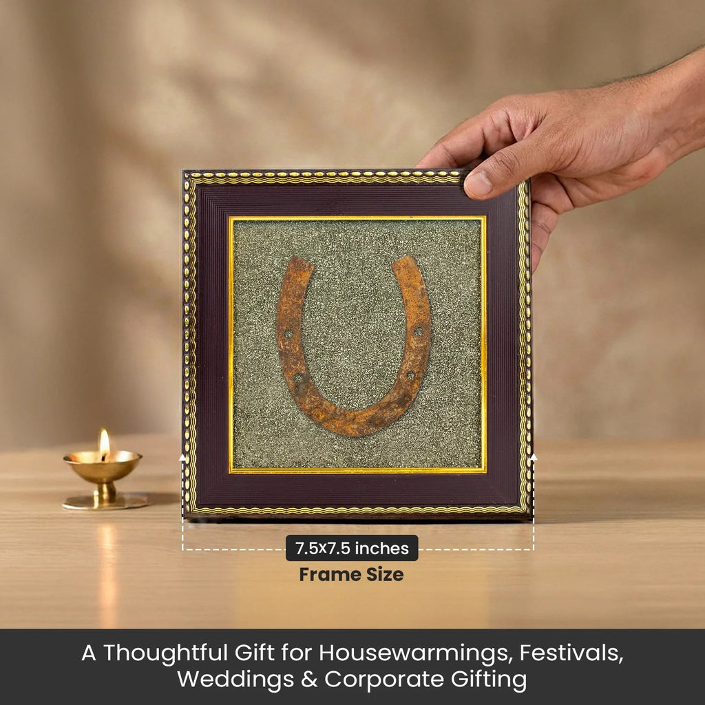 VASTUKOSHA Ghode Ki Naal horseshoe mounted on a raw pyrite crystal frame for good luck and Vastu-inspired home decor.
