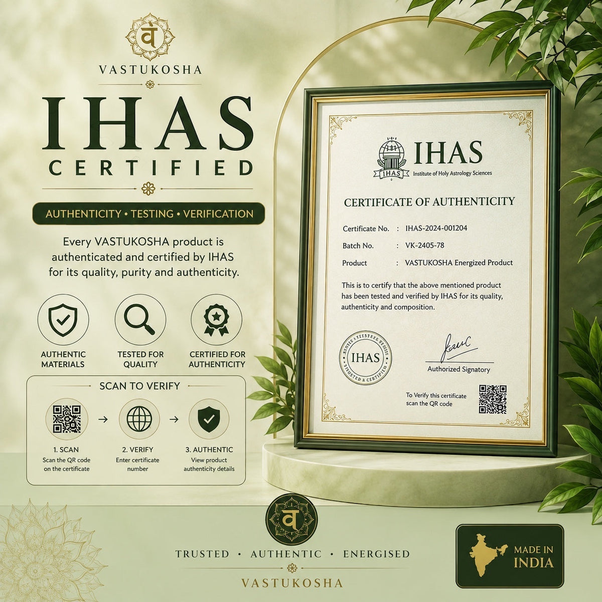 VASTUKOSHA IHAS certificate of authenticity in a green frame with verification details and QR code on a pedestal