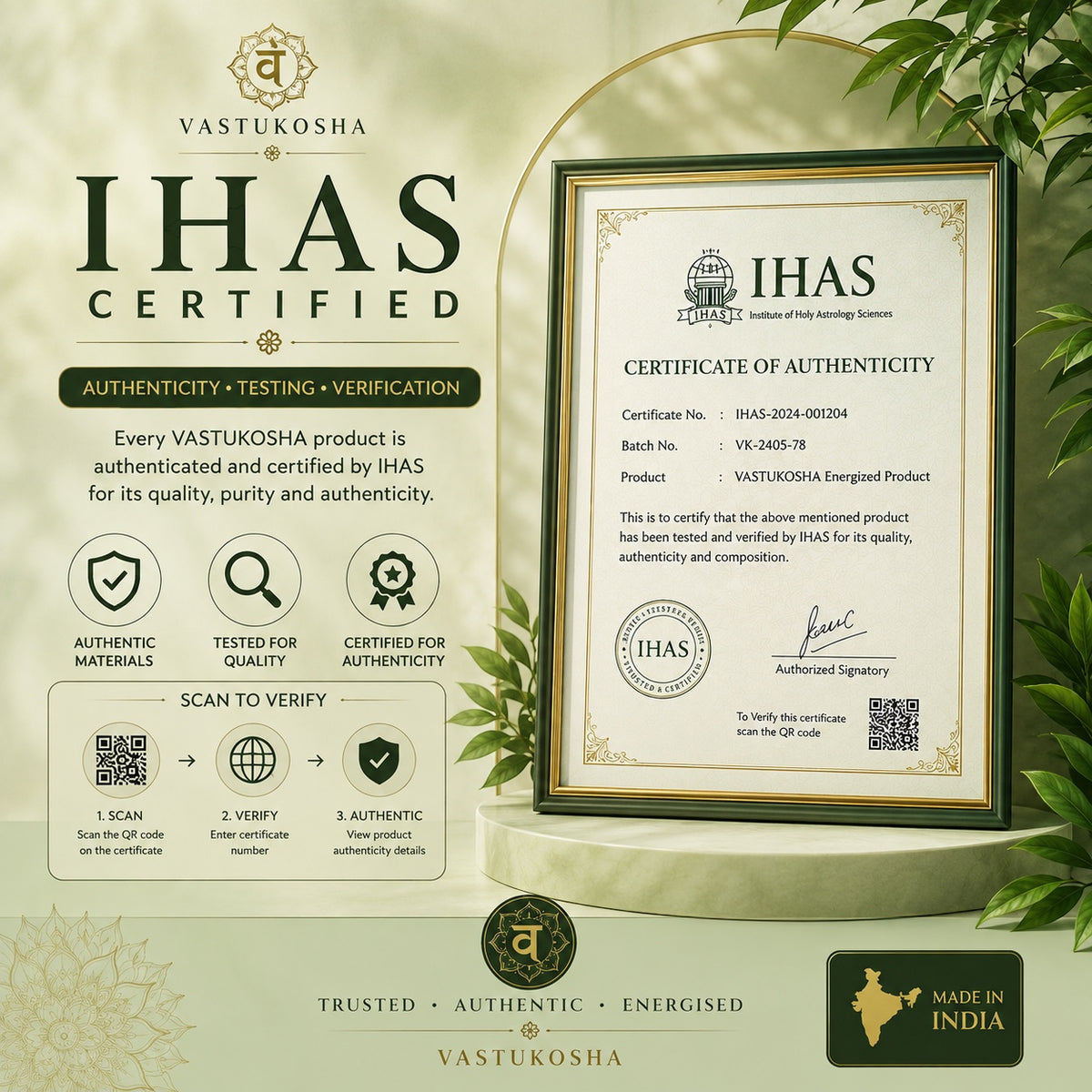 VASTUKOSHA IHAS certificate of authenticity for energized products featuring a gold frame and verification details