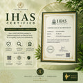 VASTUKOSHA IHAS certificate of authenticity for gemstone products displayed in a gold frame on a pedestal.