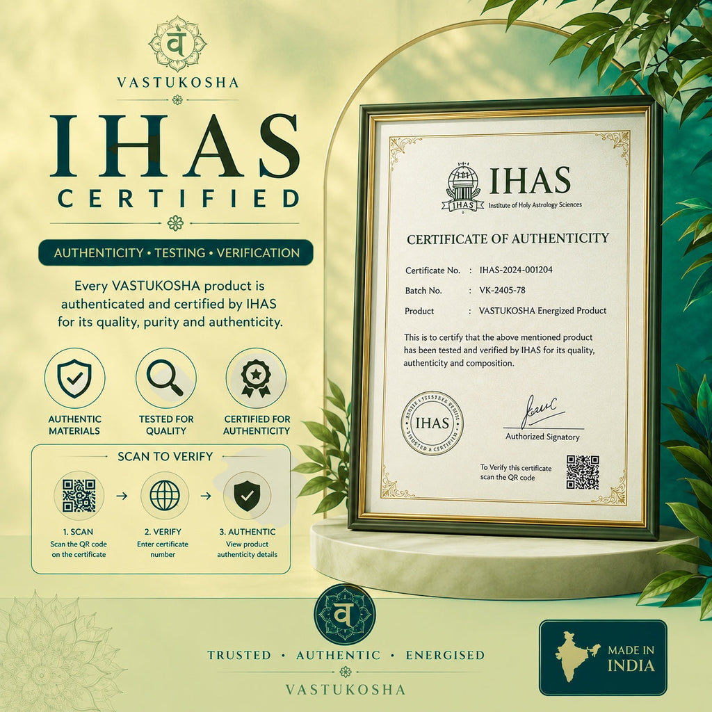 VASTUKOSHA IHAS certificate of authenticity for energized products, featuring official seal and verification steps.