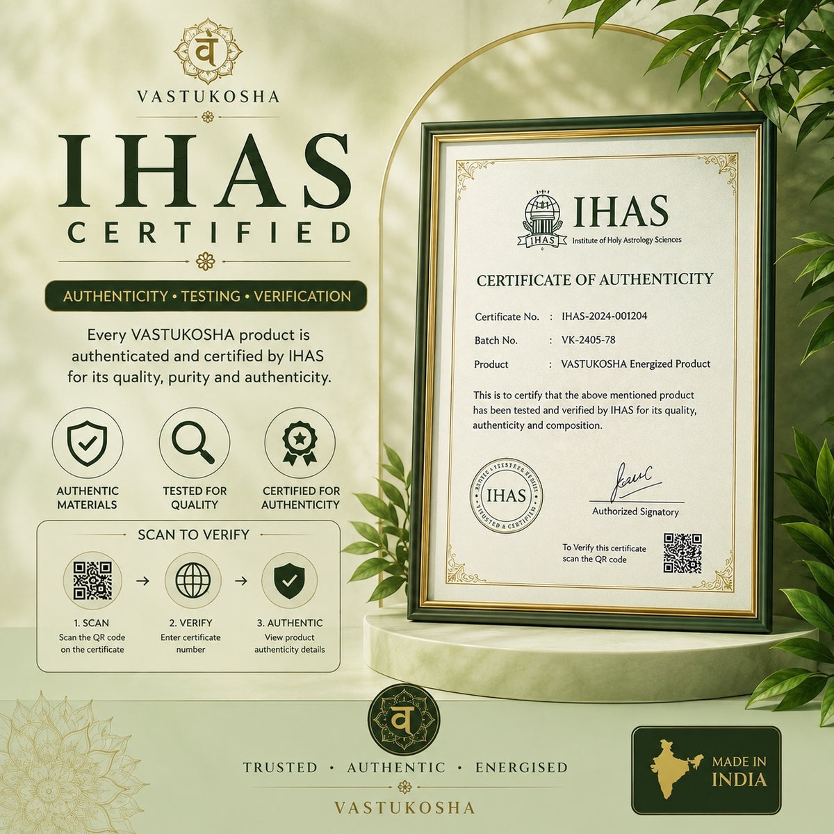VASTUKOSHA IHAS certificate of authenticity for a golden-plated Shri Siddhivinayak Ganesha idol in a green frame.
