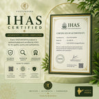 VASTUKOSHA IHAS certificate of authenticity for energized Rudraksha products featuring a gold frame and verification