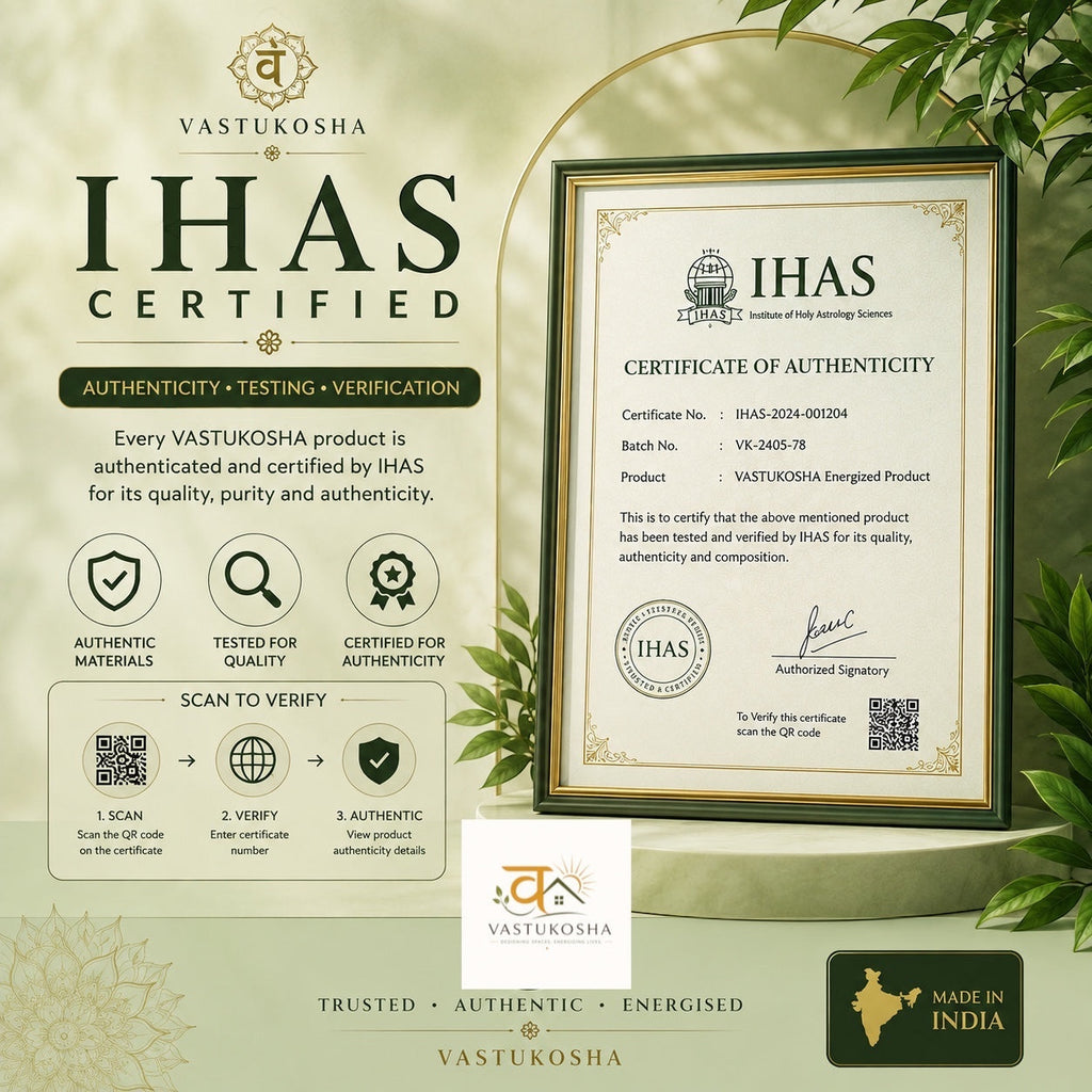 VASTUKOSHA IHAS certified authenticity certificate for energized spiritual products with QR code and gold frame