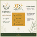 VASTUKOSHA IHAS energy certification verification card for spiritual products with brand logo and contact details