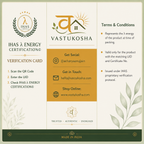 VASTUKOSHA IHAS energy certification verification card for crystal jewellery with brand logo and contact details