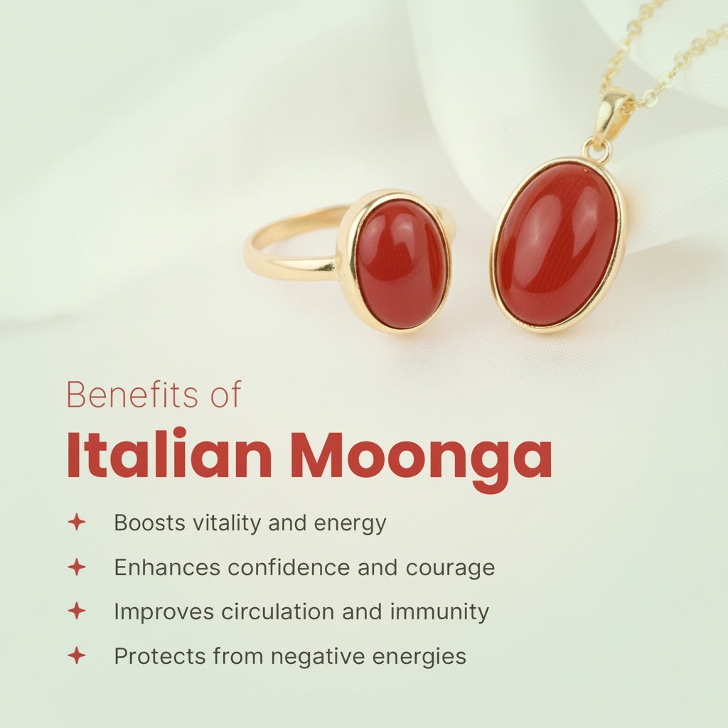 VASTUKOSHA Italian red coral gemstone ring and pendant set in gold, displayed on a soft cream background.
