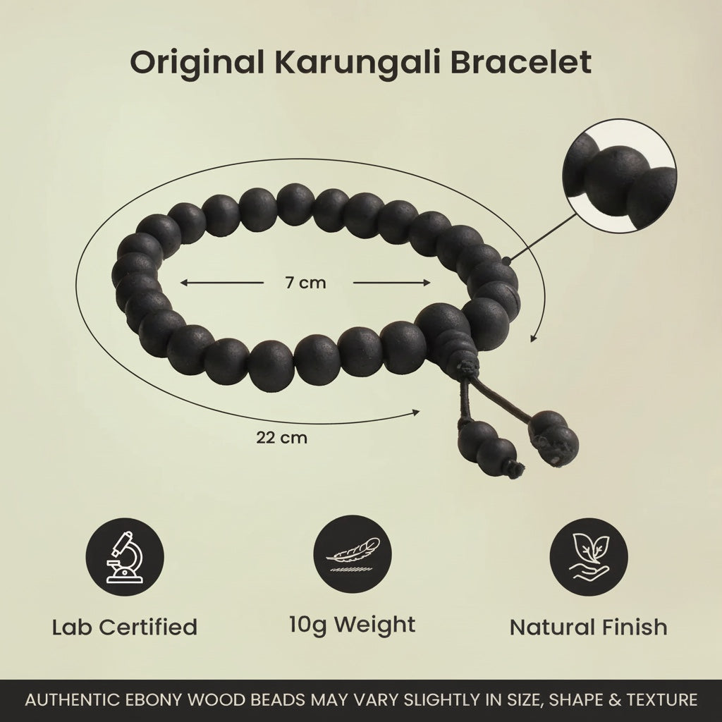 VASTUKOSHA original black Karungali ebony wood bead bracelet with 7cm diameter and 10g weight, lab certified.