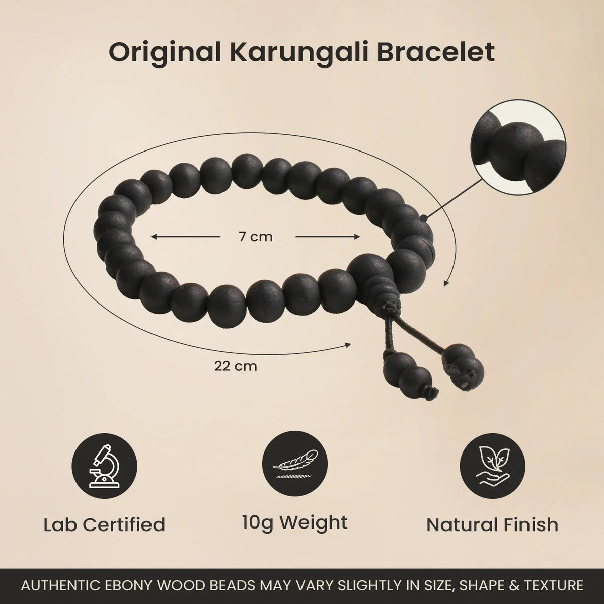 VASTUKOSHA 8mm Karungali black ebony wood bead bracelet with natural finish and 7cm diameter for spiritual protection