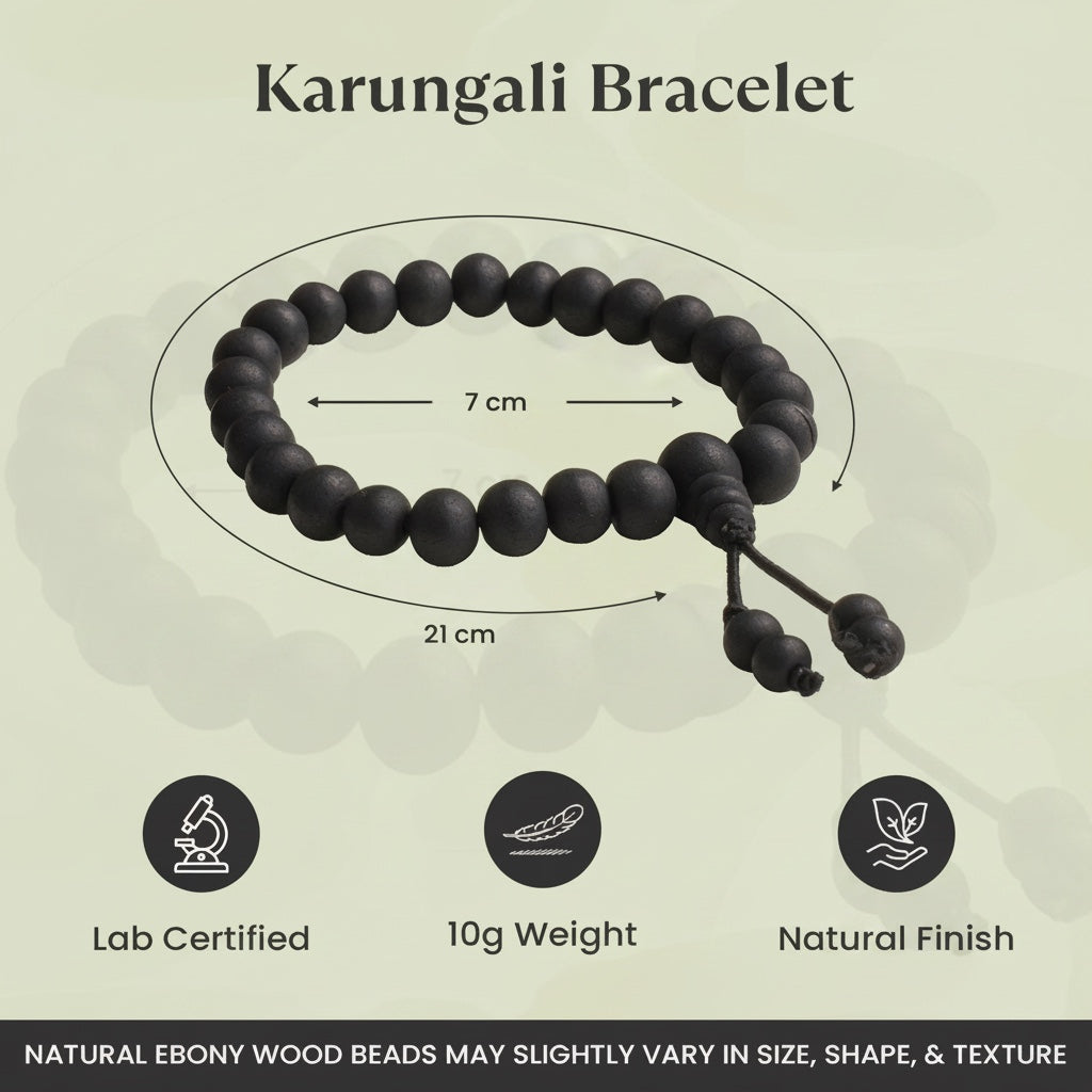 VASTUKOSHA 8mm Karungali black ebony wood bead bracelet with natural finish and traditional spiritual design.