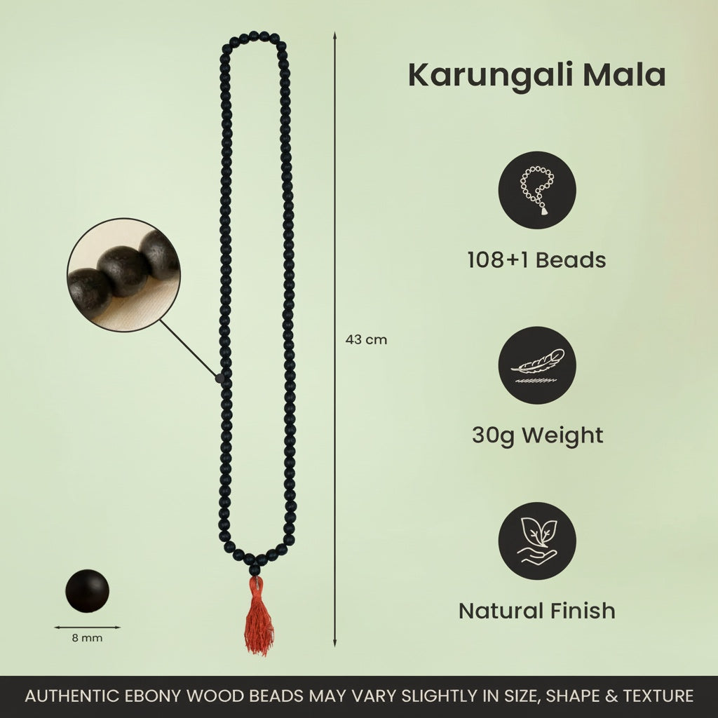 VASTUKOSHA 108+1 bead Karungali black ebony wood mala with 8mm beads and a red tassel for spiritual meditation