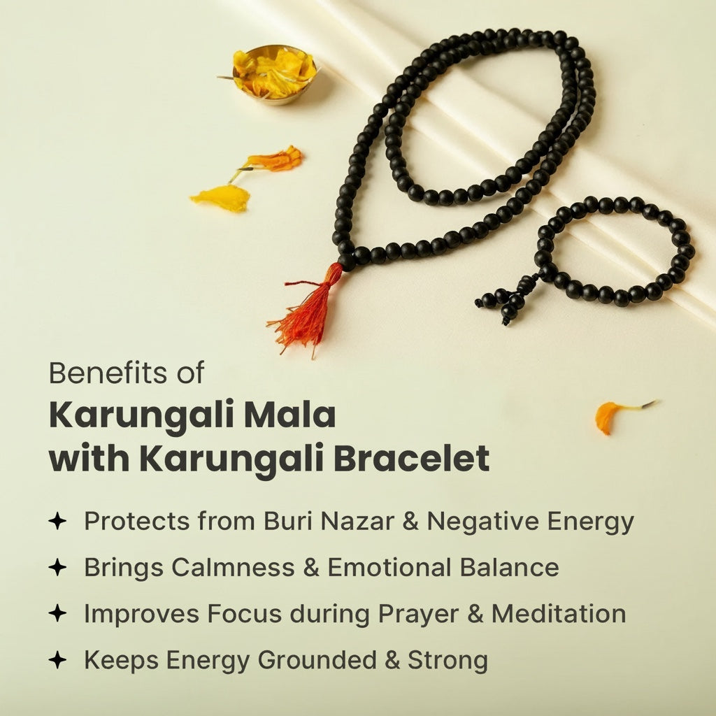 VASTUKOSHA Karungali wood mala and bracelet set with 8mm black ebony beads for meditation and spiritual practice