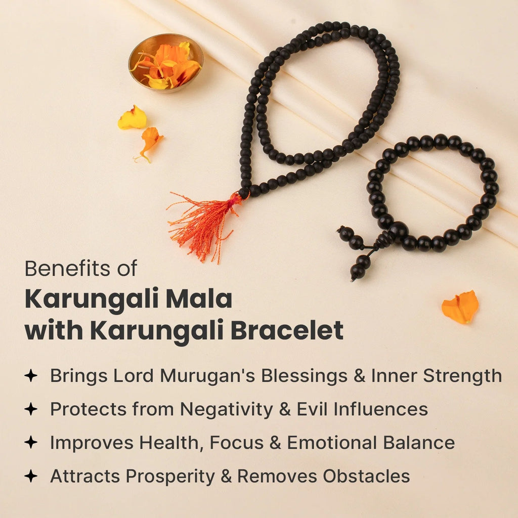 VASTUKOSHA Karungali mala and bracelet set made of black ebony wood beads for spiritual protection and grounding.