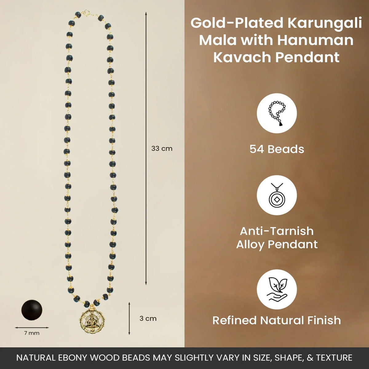 VASTUKOSHA Gold-Plated Karungali Mala with Hanuman Kavach pendant featuring black ebony beads and gold accents.