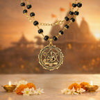 VASTUKOSHA gold-plated Karungali mala with Hanuman Kavach pendant featuring Ram Ram inscriptions and black ebony beads.
