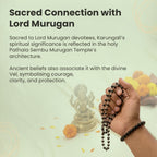 VASTUKOSHA Karungali Mala and bracelet set with silver-plated caps held in a hand, featuring Lord Murugan statue.