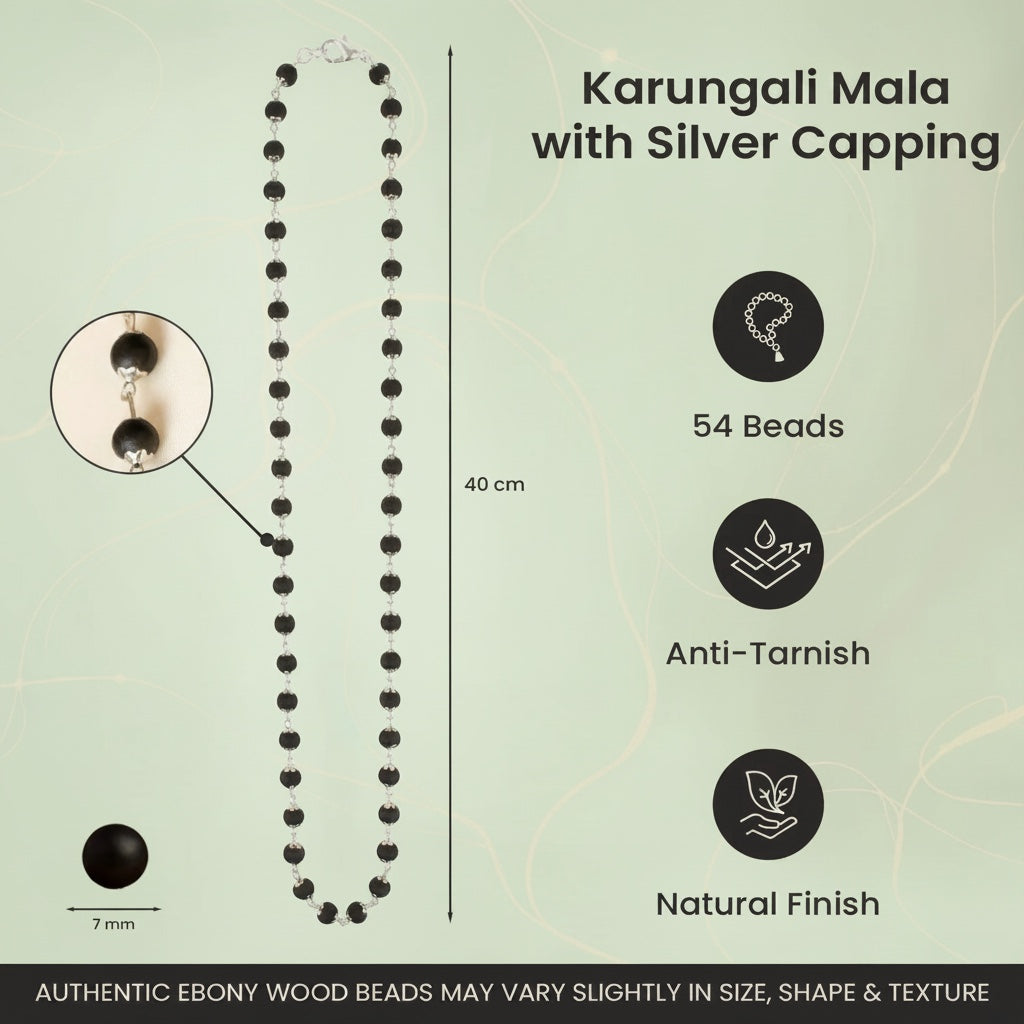 VASTUKOSHA Karungali Mala featuring 54 black ebony wood beads with silver-plated caps and a 40cm length.