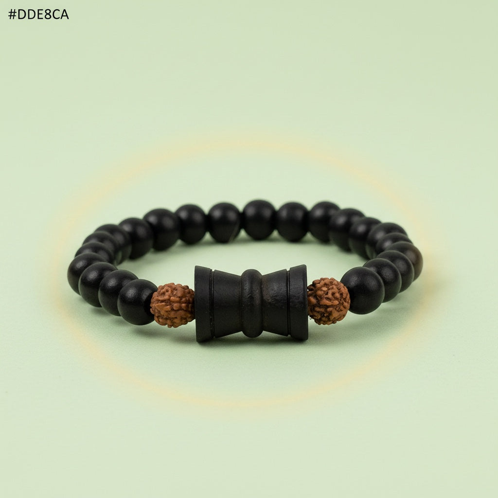 VASTUKOSHA Karungali black ebony wood bead bracelet with two 5 Mukhi Rudraksha beads and a central wooden Damru charm.
