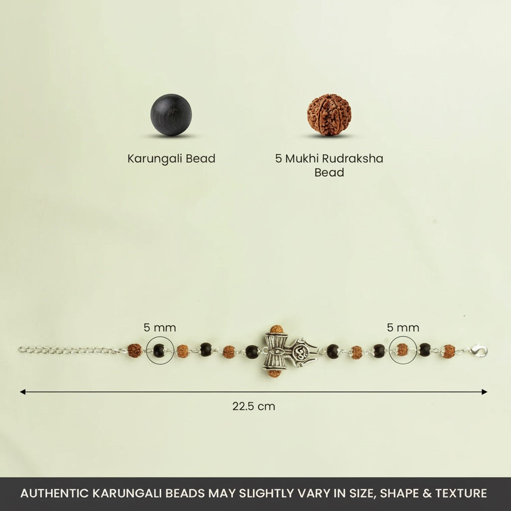 VASTUKOSHA spiritual bracelet featuring Karungali and 5 Mukhi Rudraksha beads with Om, Trishul, and Damru charms.