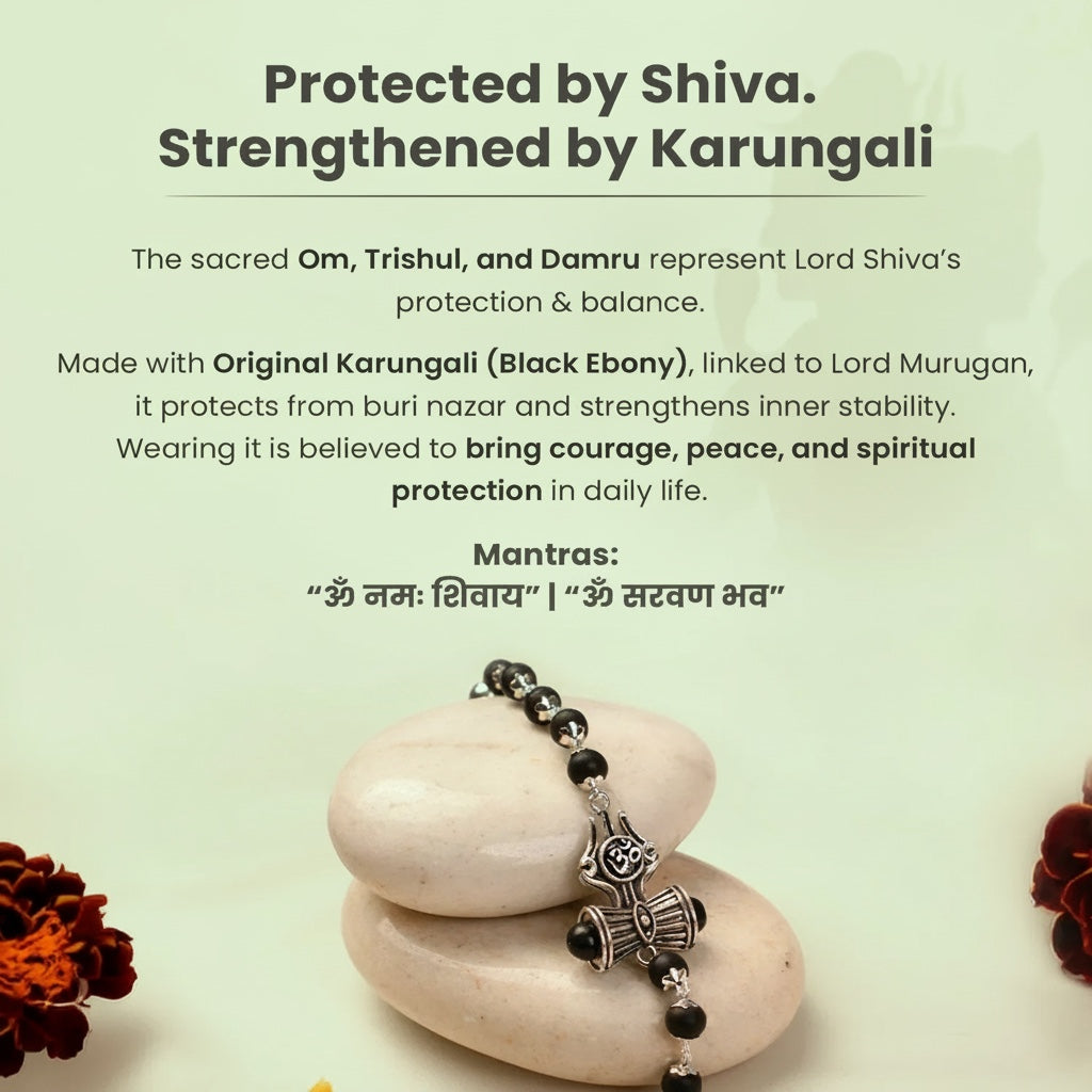 VASTUKOSHA Om Trinetra Trishul Damru Karungali bracelet with black ebony wood beads and silver-toned Shiva symbols.