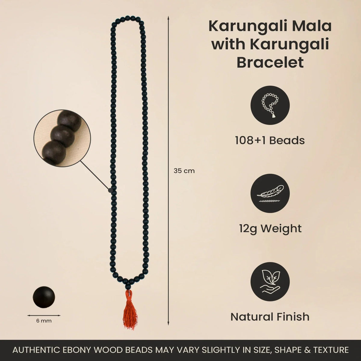 VASTUKOSHA Karungali mala and bracelet set featuring 6mm black ebony wood beads with a traditional red tassel