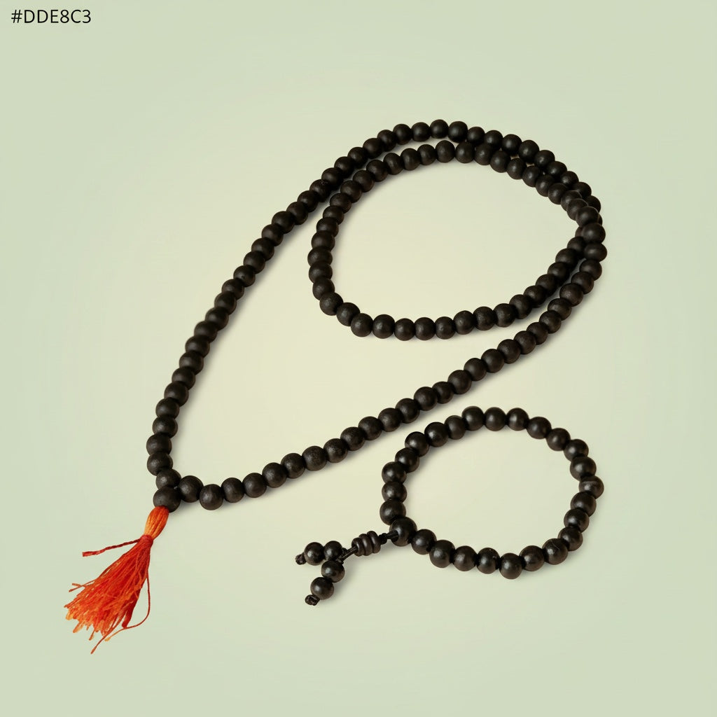 VASTUKOSHA Rameshwaram Siddh Karungali Malai and bracelet set with 8mm black ebony wood beads and a red tassel.