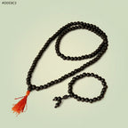 VASTUKOSHA Rameshwaram Siddh Karungali Malai and bracelet set with 8mm black ebony wood beads and a red tassel.