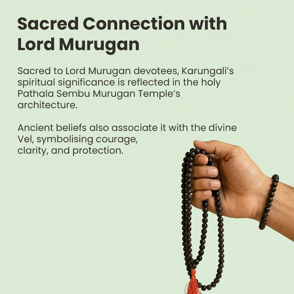VASTUKOSHA Karungali wood mala and bracelet set held in hand for meditation and prayer, featuring 8mm black beads.