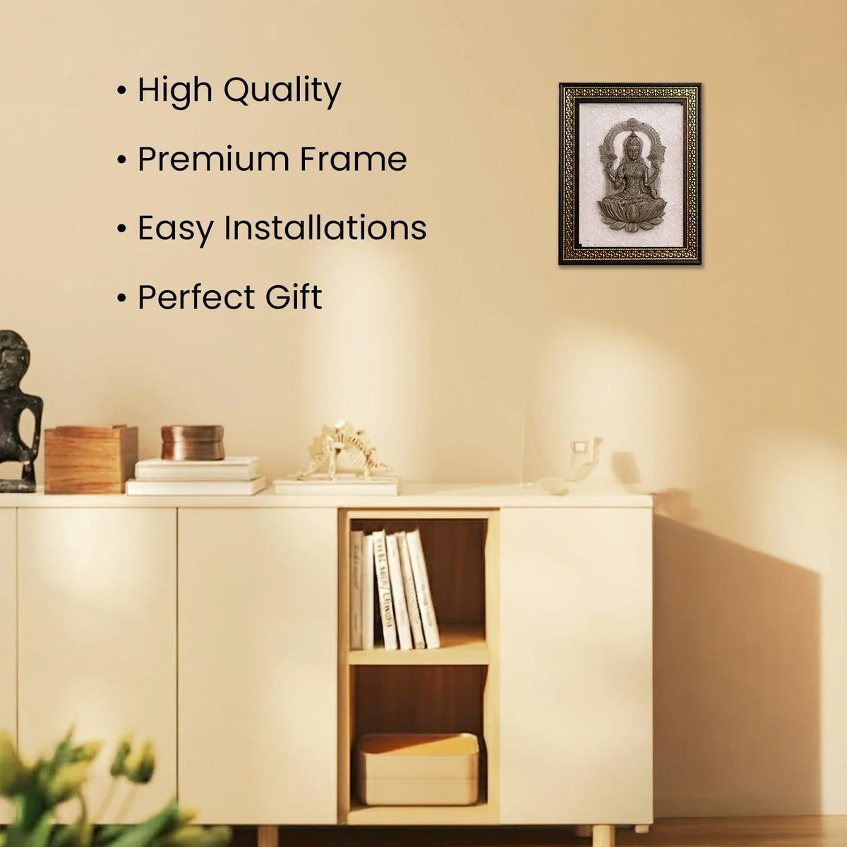VASTUKOSHA Lakshmi Ji idol on pyrite with a selenite frame displayed on a wall above a modern white cabinet