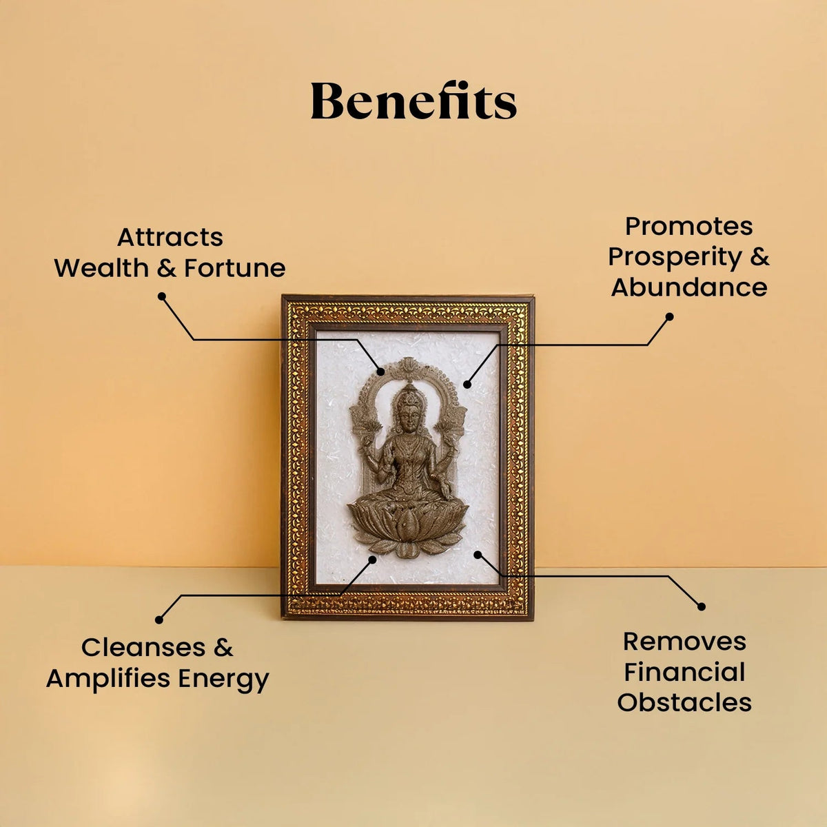 VASTUKOSHA Lakshmi Ji idol on pyrite stone with a selenite plate frame, displayed as a spiritual prosperity decor piece.