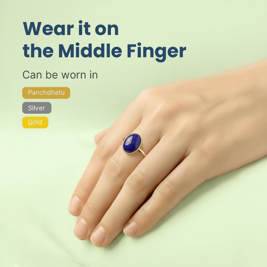 VASTUKOSHA natural Lapis Lazuli gemstone ring worn on the middle finger, showcasing deep blue stone and gold band.