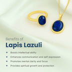 VASTUKOSHA natural Lapis Lazuli gold ring and pendant set with deep blue oval stones on a soft white background