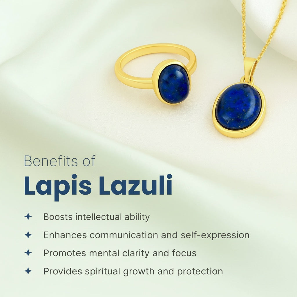 VASTUKOSHA natural Lapis Lazuli gold ring and pendant set with deep blue oval stones on a soft white background