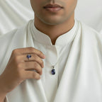 VASTUKOSHA natural Lapis Lazuli oval pendant necklace and matching ring worn by a man in a white traditional kurta