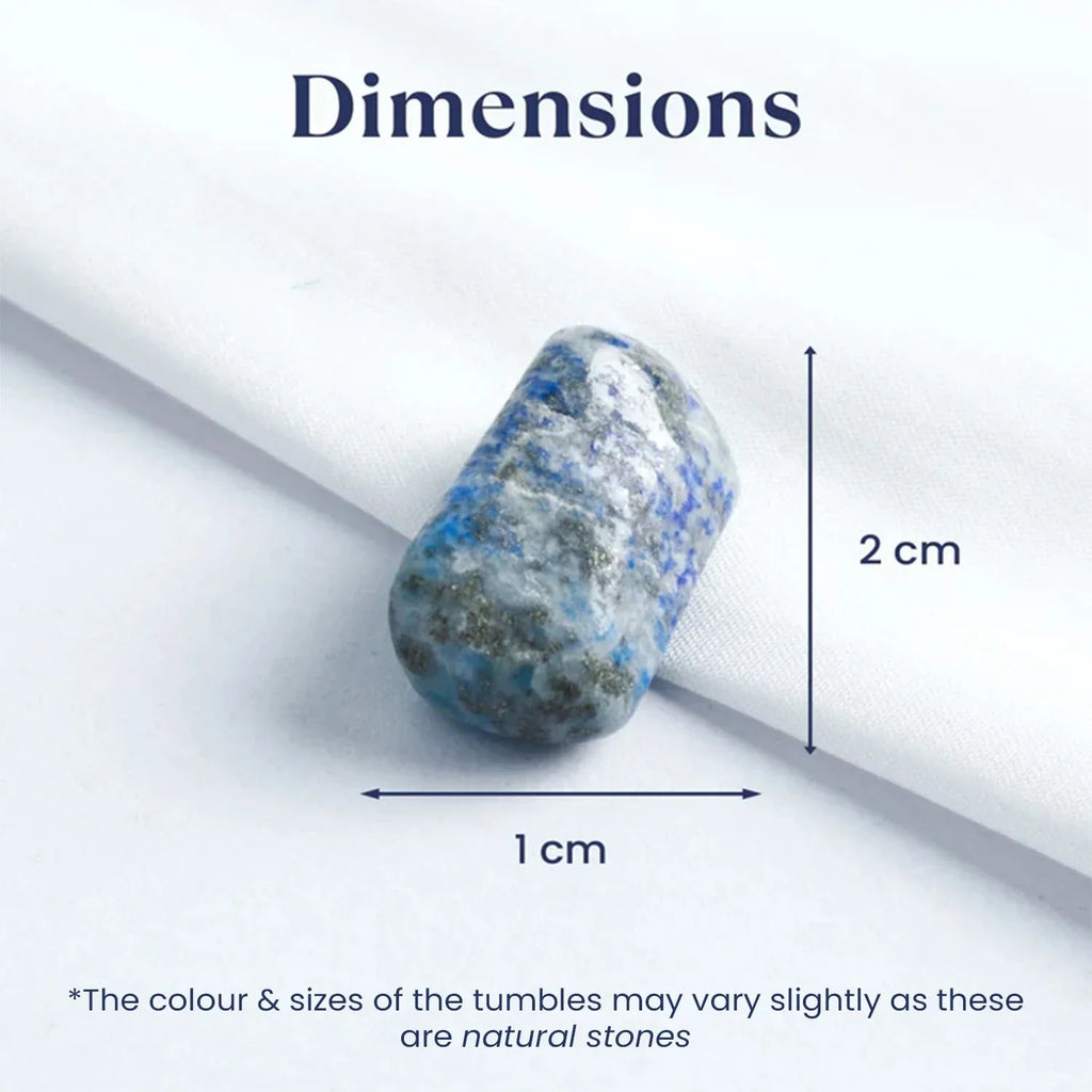 VASTUKOSHA Lapis Lazuli tumble stone showing deep blue colour with natural golden pyrite and white mineral inclusions.