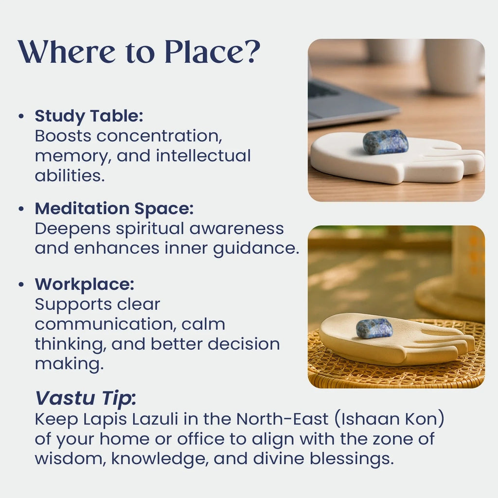 VASTUKOSHA Lapis Lazuli tumble stone on a hand-shaped ceramic tray, used for meditation and workspace decor.