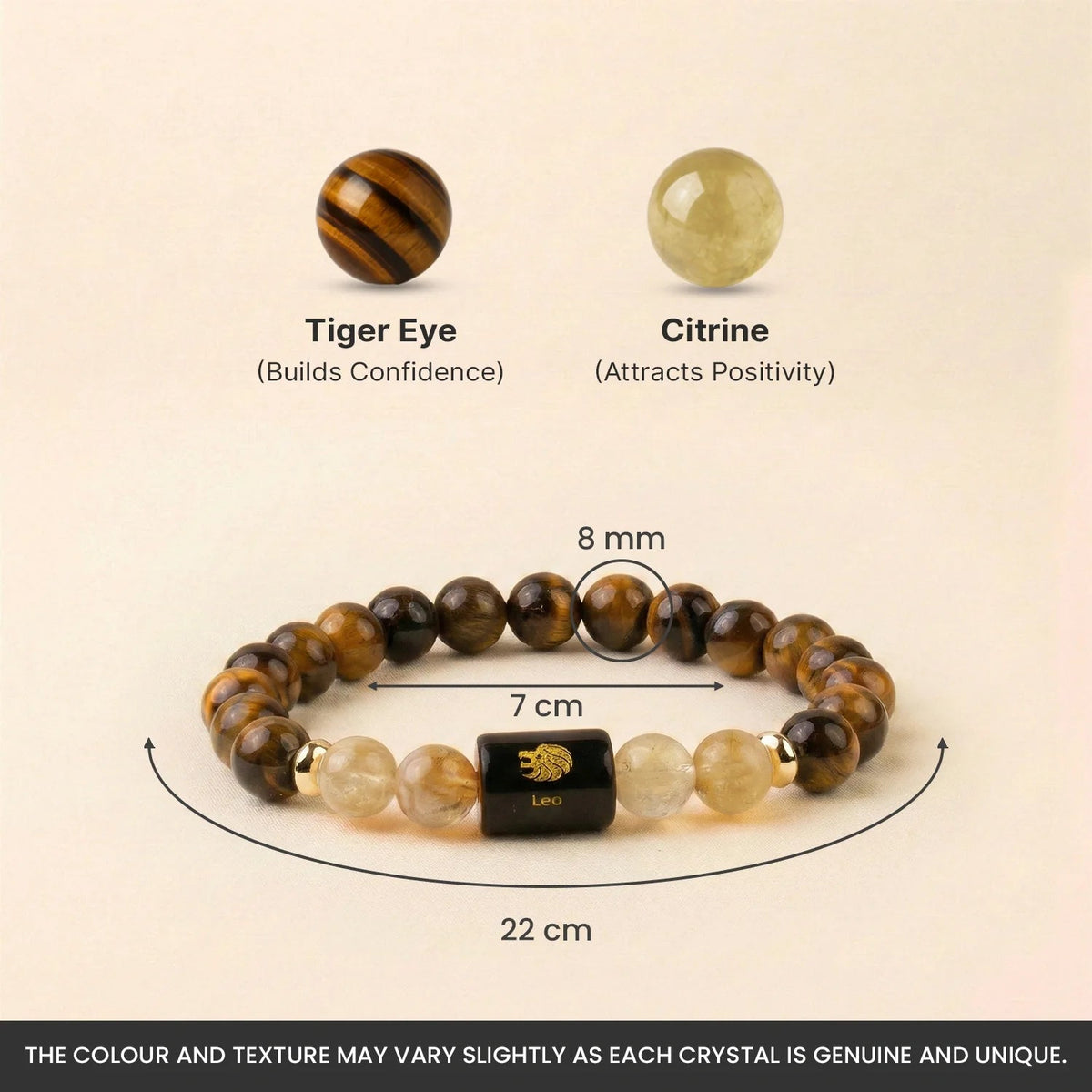 VASTUKOSHA Leo zodiac bracelet featuring tiger eye and citrine beads with a central black Leo sign charm.