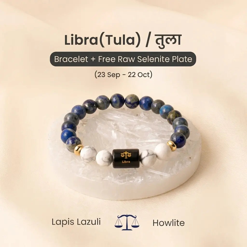 VASTUKOSHA Libra zodiac bracelet featuring blue Lapis Lazuli and white Howlite beads with a central Libra symbol charm.
