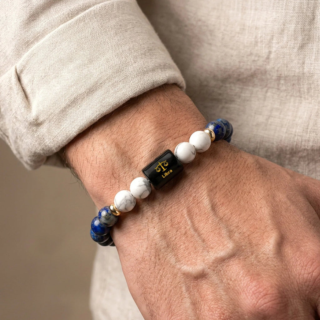 VASTUKOSHA Libra zodiac bracelet featuring blue Lapis Lazuli and white Howlite beads with a central Libra symbol charm.