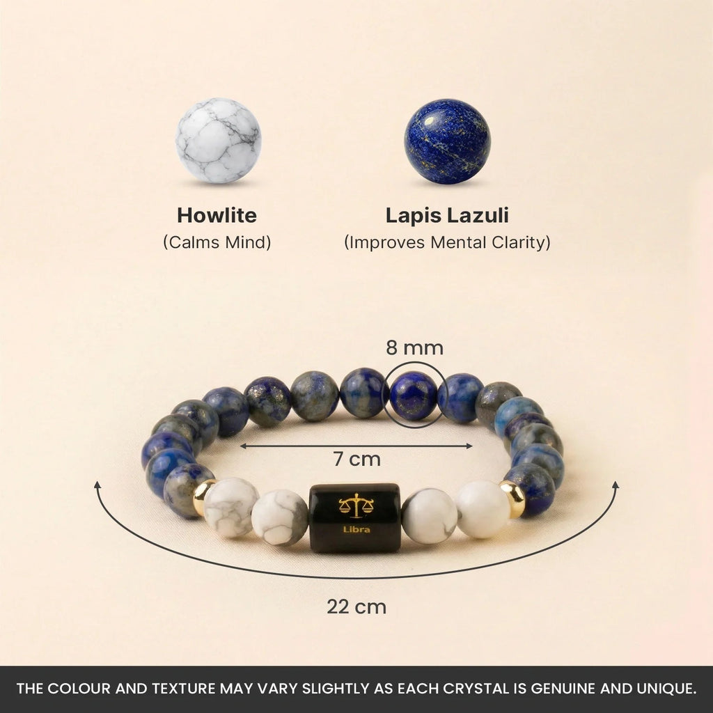 VASTUKOSHA Libra zodiac bracelet featuring blue Lapis Lazuli and white Howlite beads with a central Libra symbol charm.