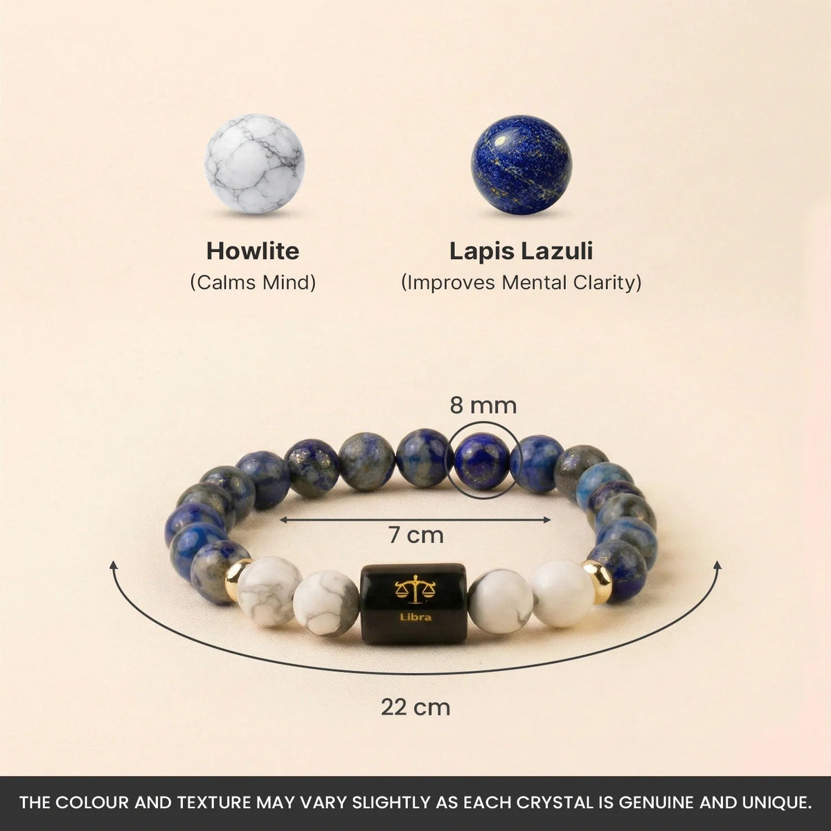 VASTUKOSHA Libra zodiac bracelet featuring blue Lapis Lazuli and white Howlite beads with a central Libra symbol charm.