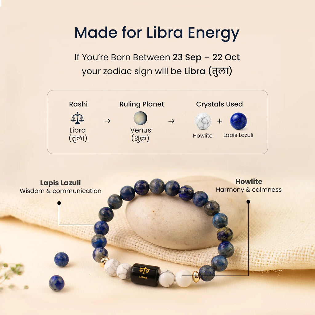 VASTUKOSHA Libra zodiac bracelet featuring blue Lapis Lazuli and white Howlite beads with a central Libra charm