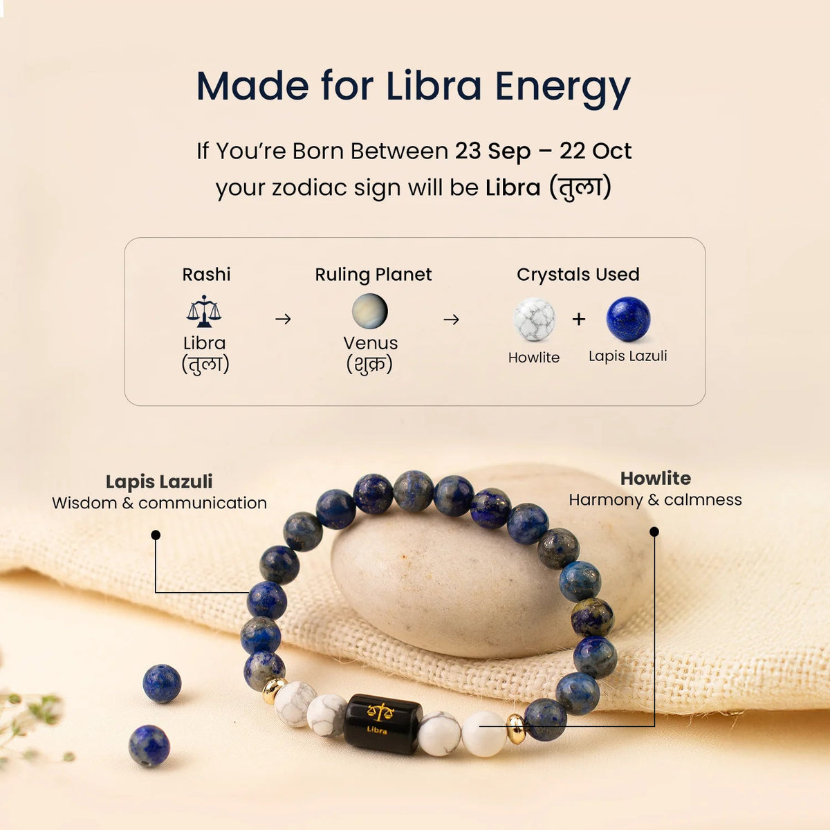 VASTUKOSHA Libra zodiac bracelet featuring blue Lapis Lazuli and white Howlite beads with a central Libra charm