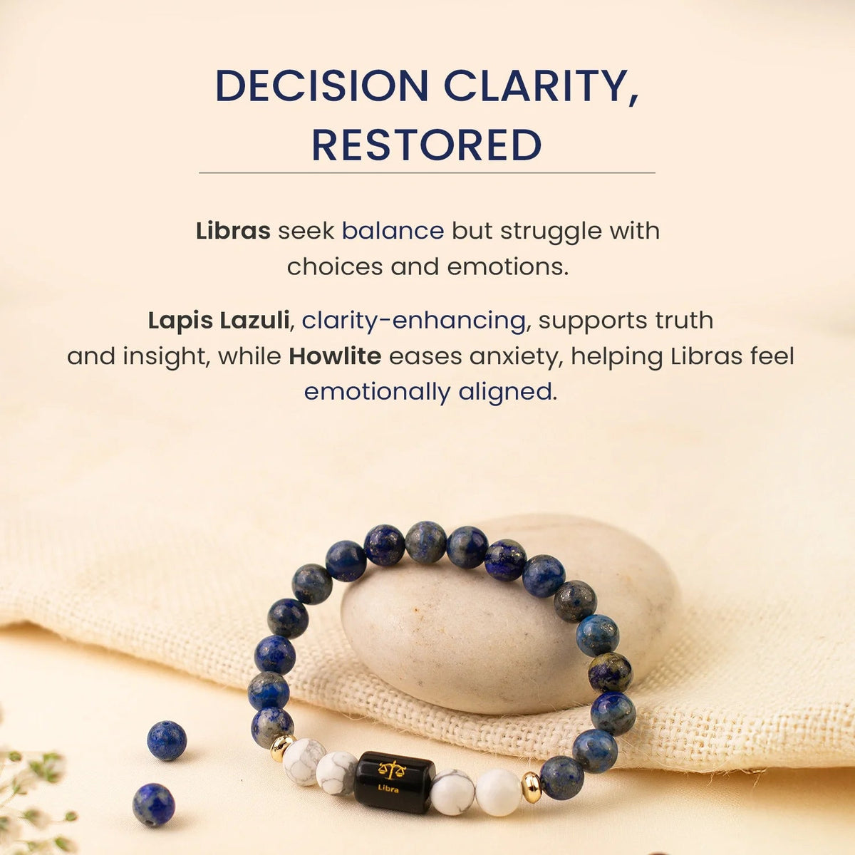 VASTUKOSHA Libra zodiac bracelet featuring blue Lapis Lazuli and white Howlite beads with a central black charm.