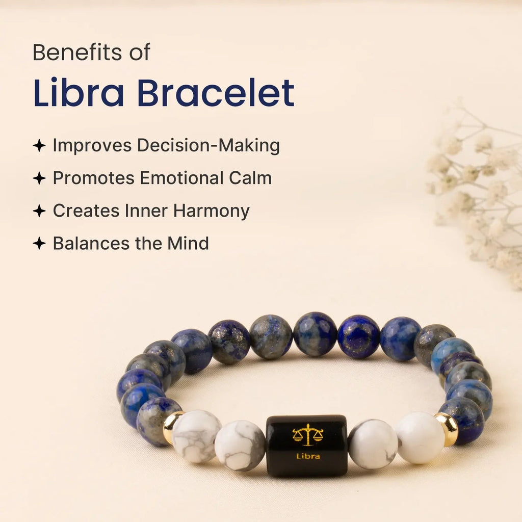 VASTUKOSHA Libra zodiac bracelet featuring blue Lapis Lazuli and white Howlite beads with a central Libra symbol charm.