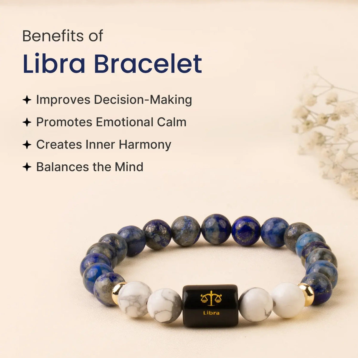 VASTUKOSHA Libra zodiac bracelet featuring blue Lapis Lazuli and white Howlite beads with a central Libra symbol charm.