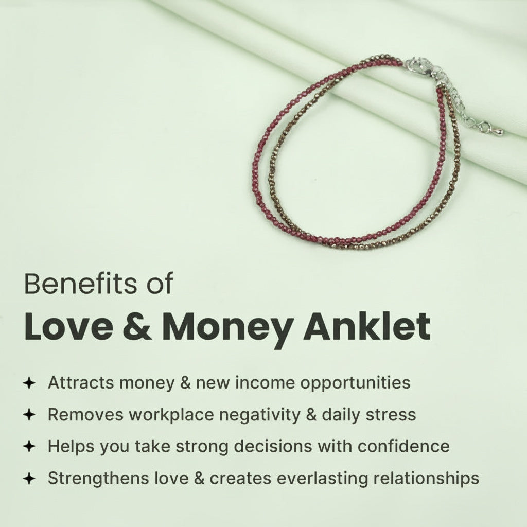 VASTUKOSHA Love and Money anklet featuring delicate Pyrite and Garnet gemstone beads on a light green background.