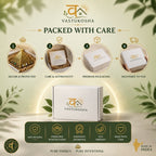 VASTUKOSHA Love Attraction Pyramid showing secure packaging process from crystal healing tool to branded gift box