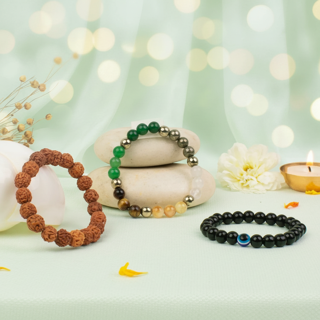VASTUKOSHA Maha Dhan Yog Combo featuring a 5 Mukhi Rudraksha bracelet, a multi-stone prosperity bracelet, and an Evil Eye black obsidian bracelet on a light green surface.